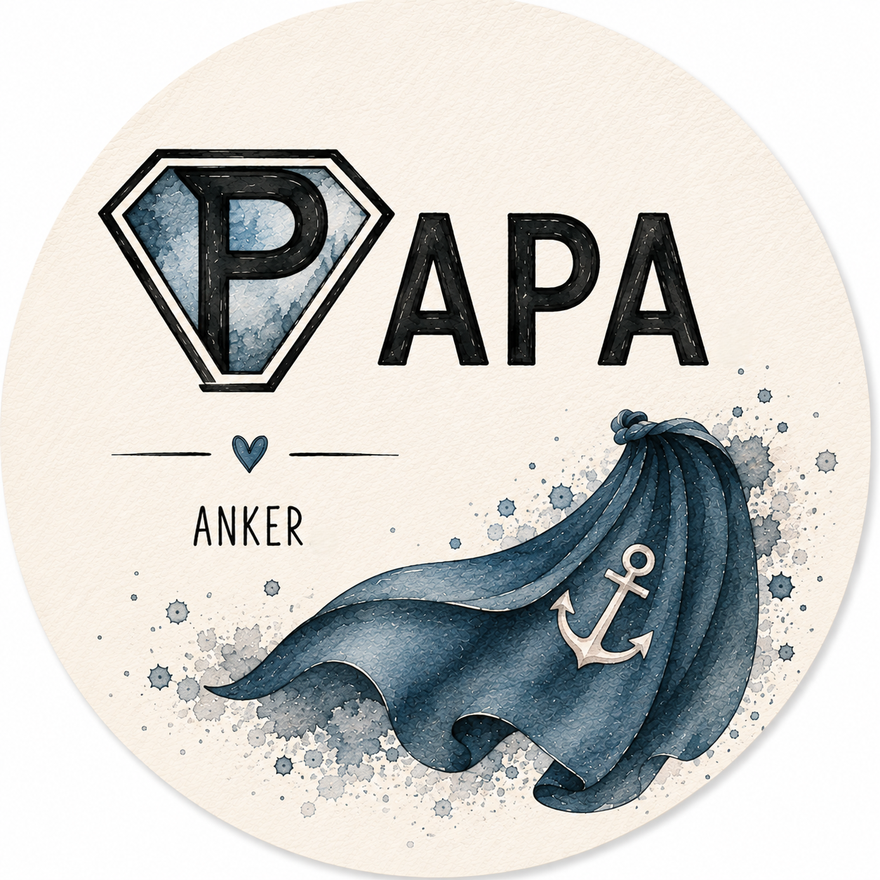 Bierdeckel Papa – Anker, Aquarell-Look dunkelblau mit Superheldenumhang