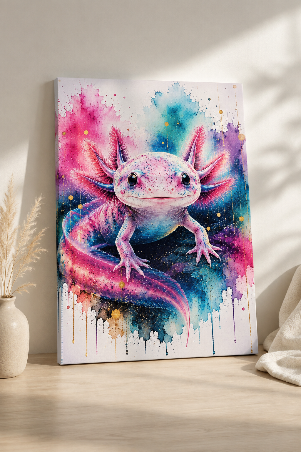 Fotoleinwand Axolotl Aquarell 40 x 60 cm – bunter Kunstdruck mit Pink, Türkis und Violett