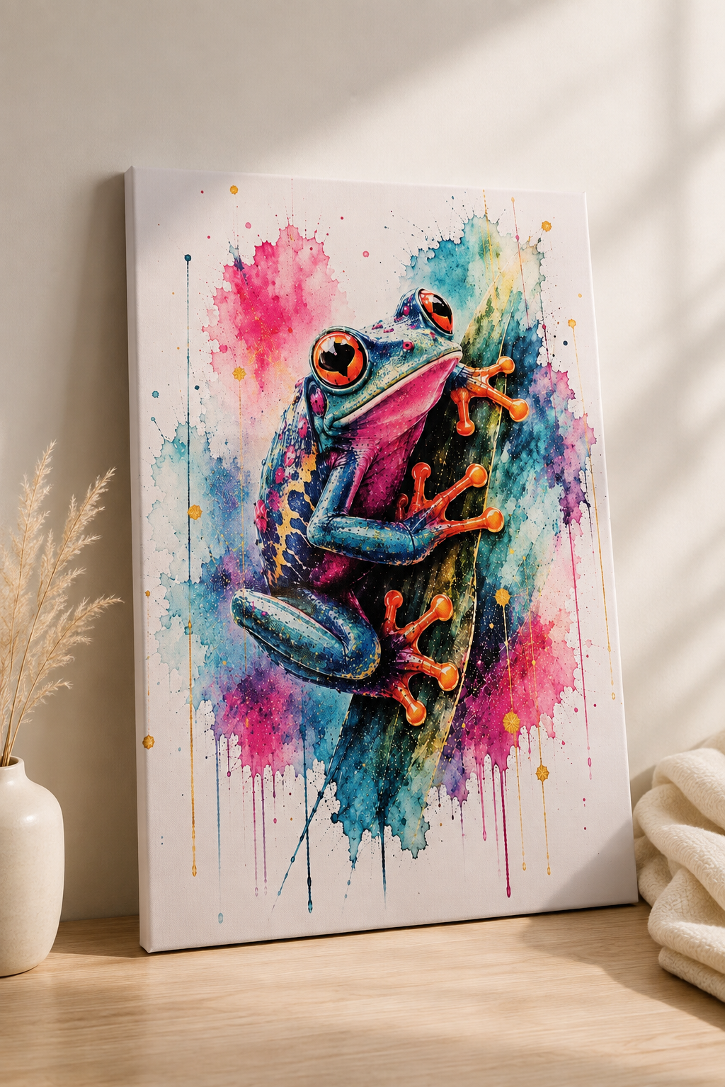 Fotoleinwand Frosch Aquarell 40x60 cm – bunter Laubfrosch Kunstdruck mit Pink, Türkis und Orange
