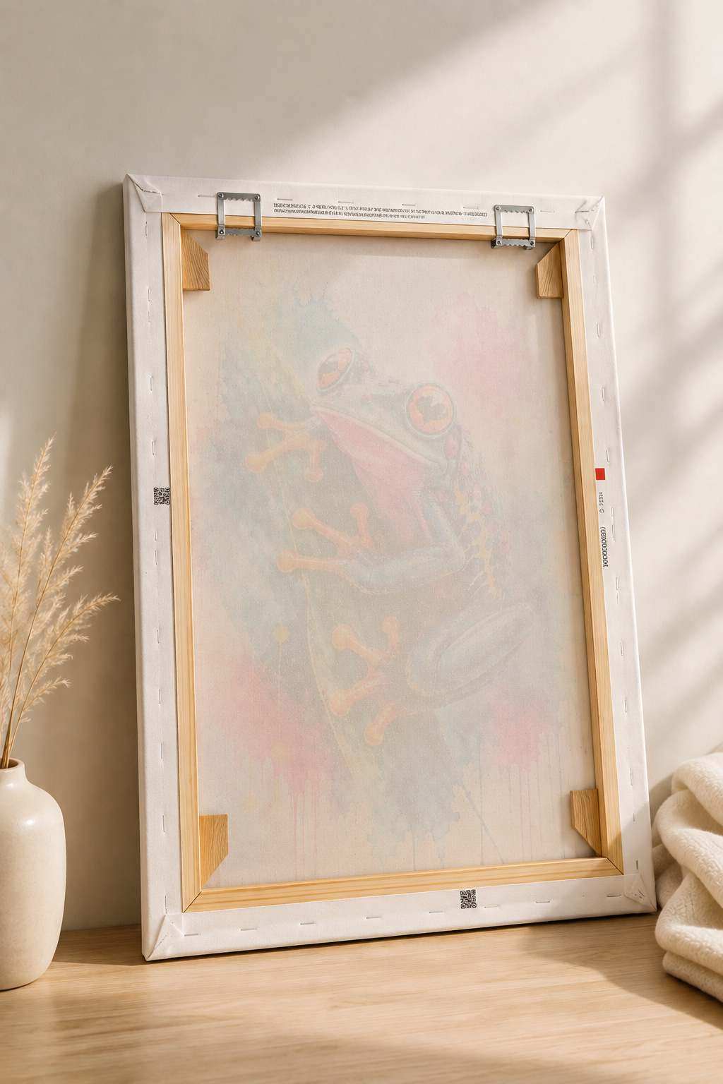 Fotoleinwand Frosch Aquarell 40x60 cm – Rückseite mit Holzrahmen und Profi-Aufhängung