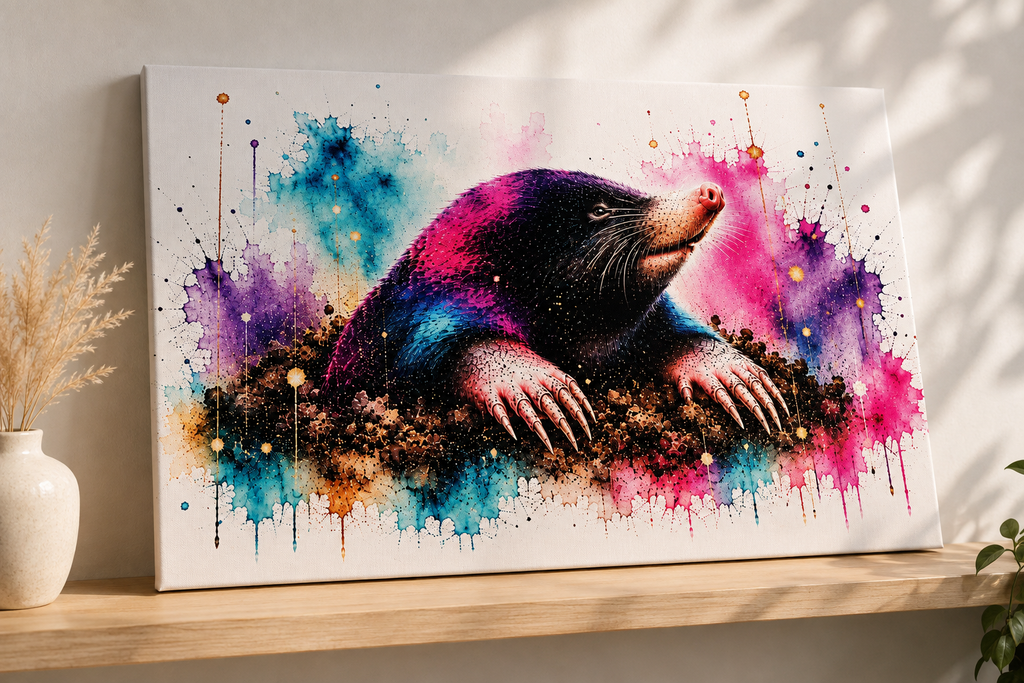 Fotoleinwand Maulwurf Aquarell 60x40 cm – bunter Maulwurf Kunstdruck mit Pink, Türkis und Violett im Querformat