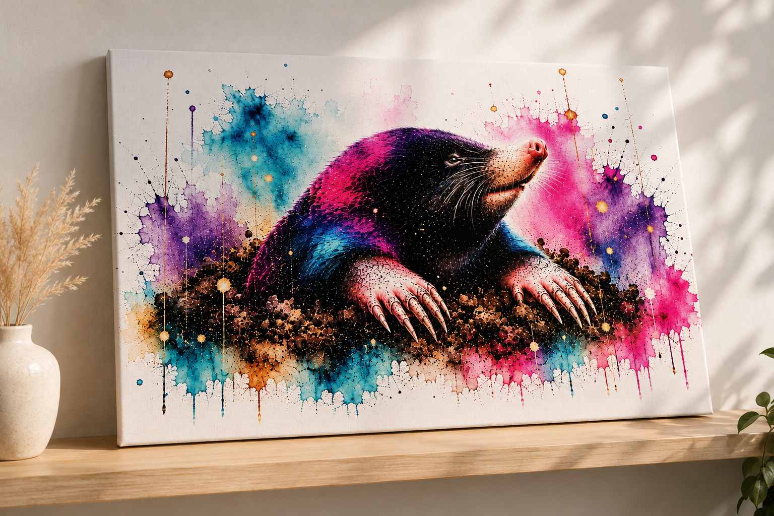 Fotoleinwand Maulwurf Aquarell 60x40 cm – bunter Maulwurf Kunstdruck mit Pink, Türkis und Violett im Querformat