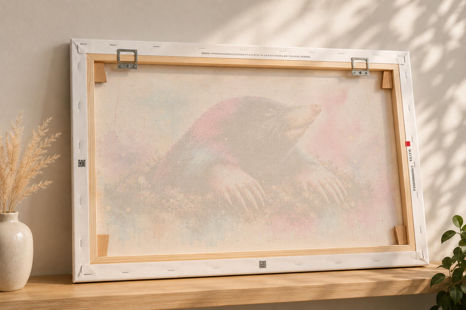 Fotoleinwand Maulwurf Aquarell 60x40 cm – Rückseite mit Holzrahmen und Profi-Aufhängung