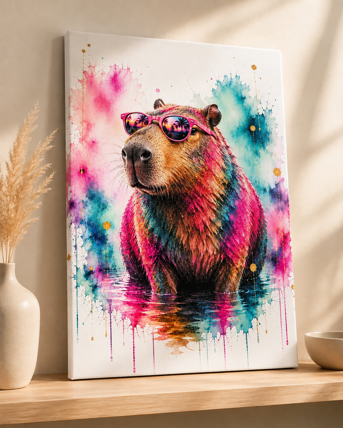 Fotoleinwand Capybara mit Sonnenbrille Aquarell 50x75 cm – bunter Kunstdruck mit Pink und Türkis