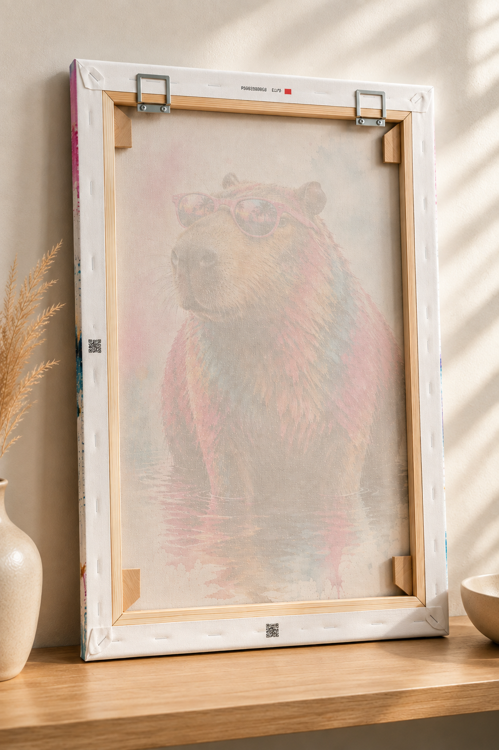 Fotoleinwand Capybara Aquarell 50x75 cm – Rückseite mit Holzrahmen und Profi-Aufhängung