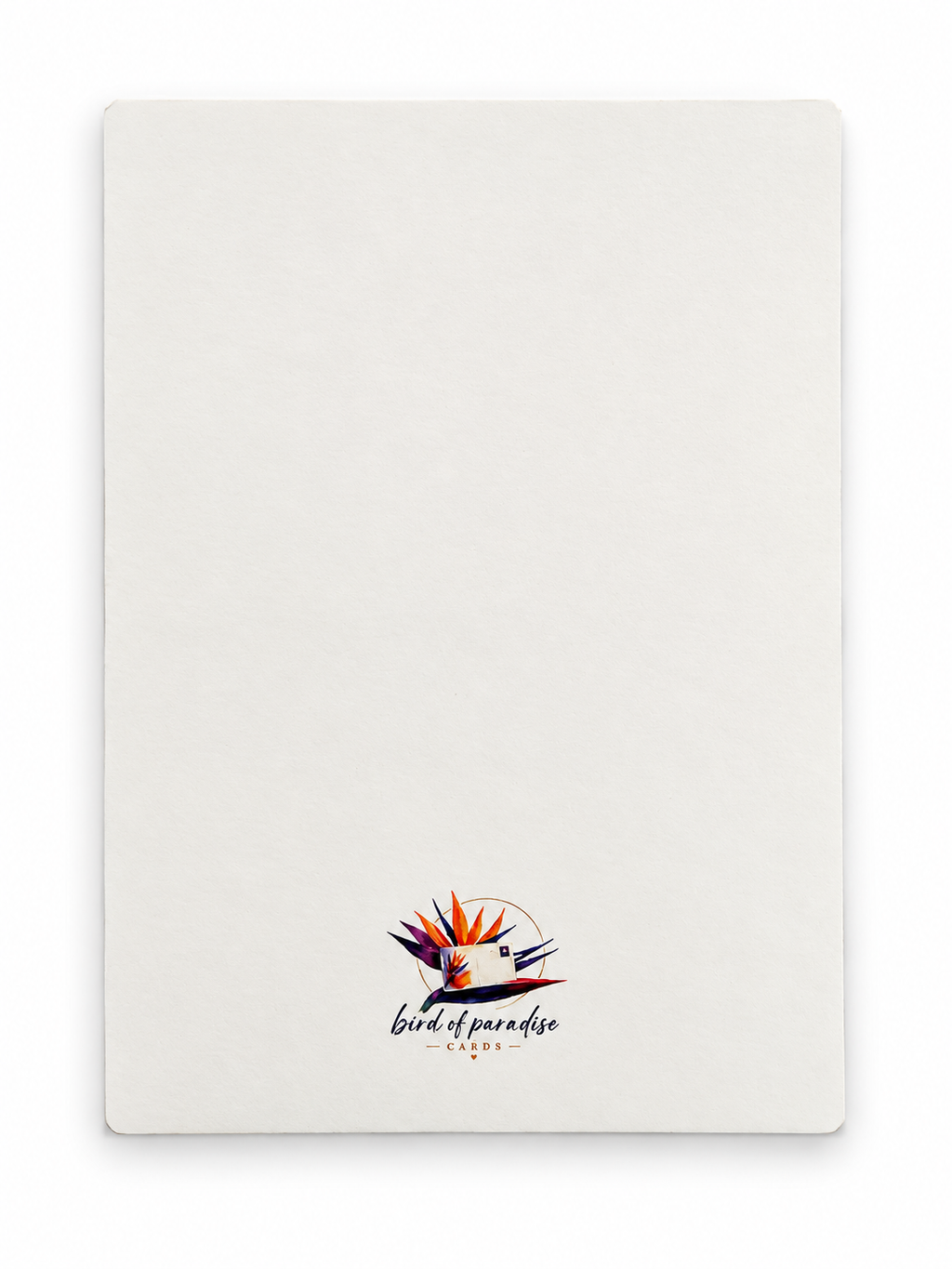 Hochformatige weiße Rückseite einer Postkarte mit Bird of Paradise Cards Logo