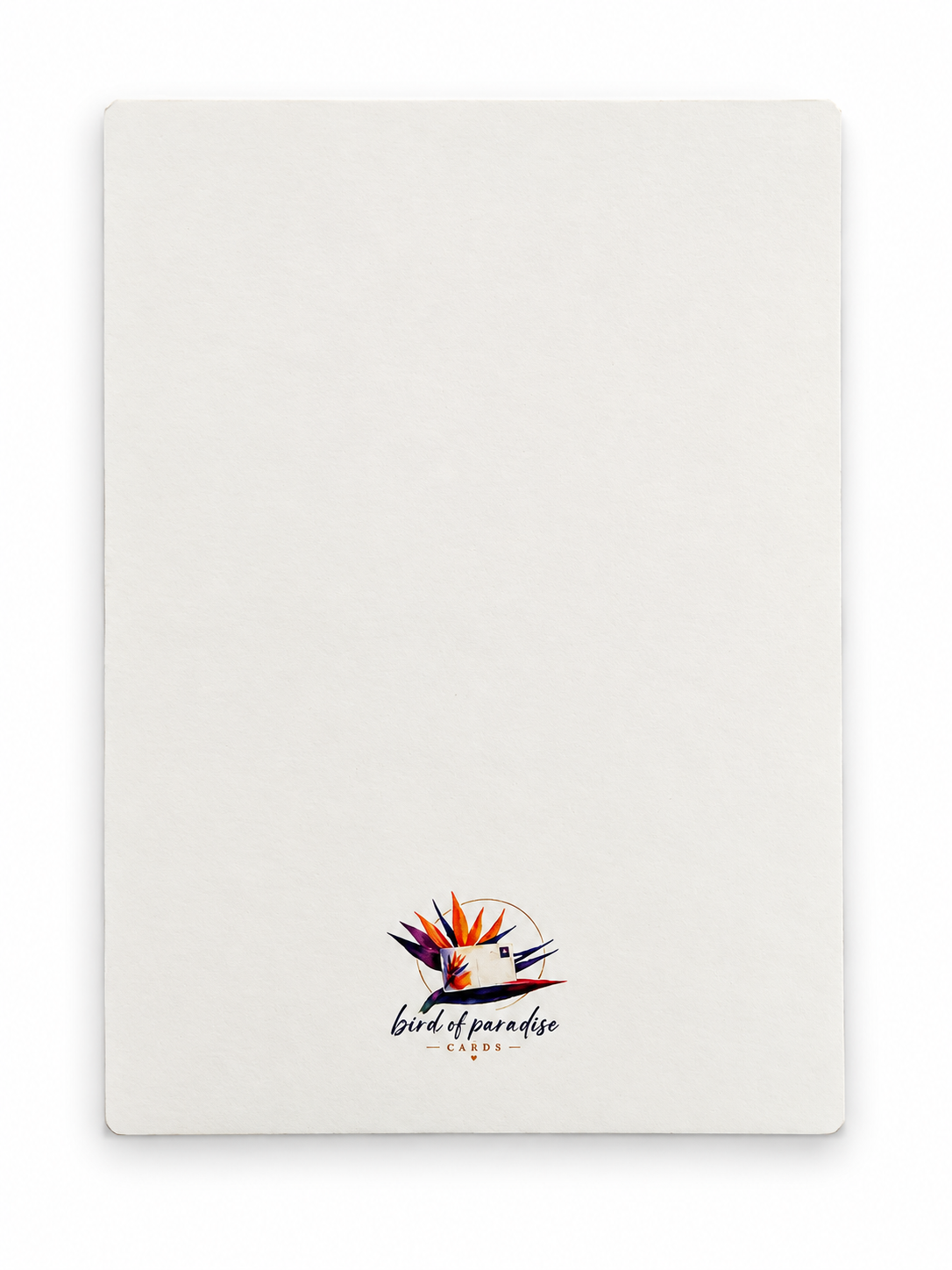 Hochformatige weiße Rückseite einer Postkarte mit Bird of Paradise Cards Logo