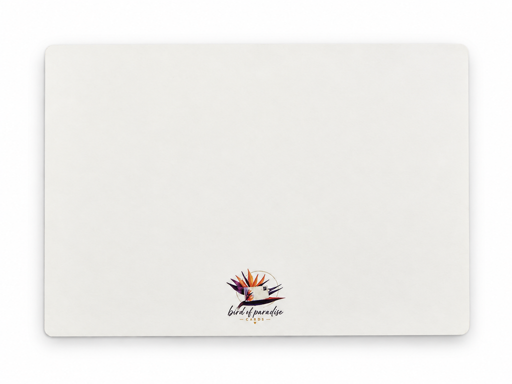 Weiße Rückseite einer DIN-A6-Postkarte mit Bird of Paradise Cards Logo