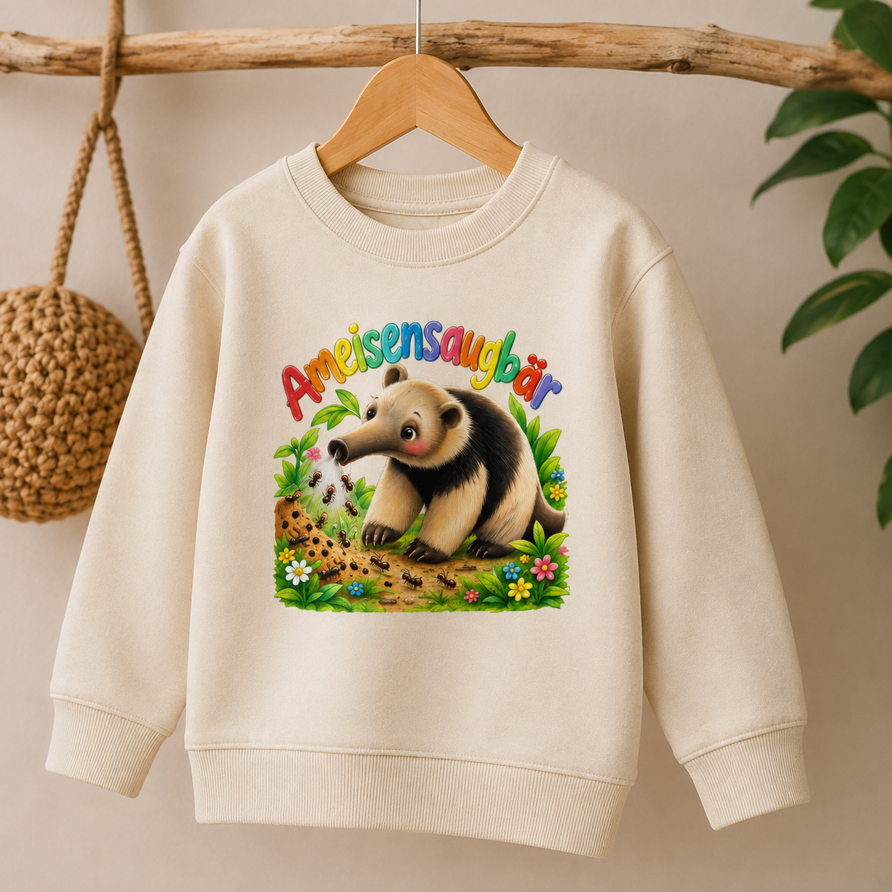 Kinder-Sweater Ameisensaugbär Natural Raw hängend – Beispielbild, Farbe und Druck können leicht abweichen