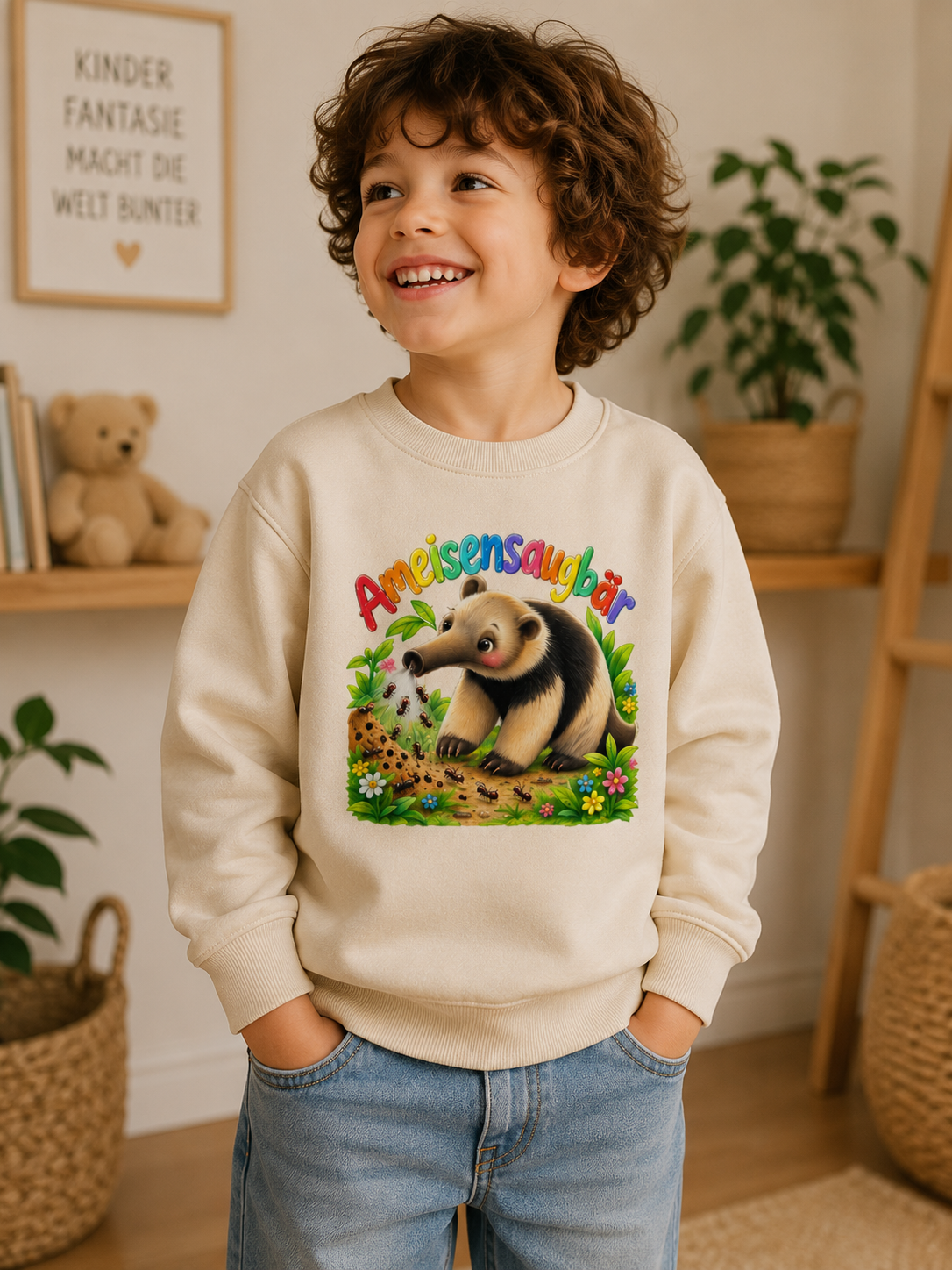 Kind trägt Ameisensaugbär-Sweater – Stimmungsbild, kein Produktfoto