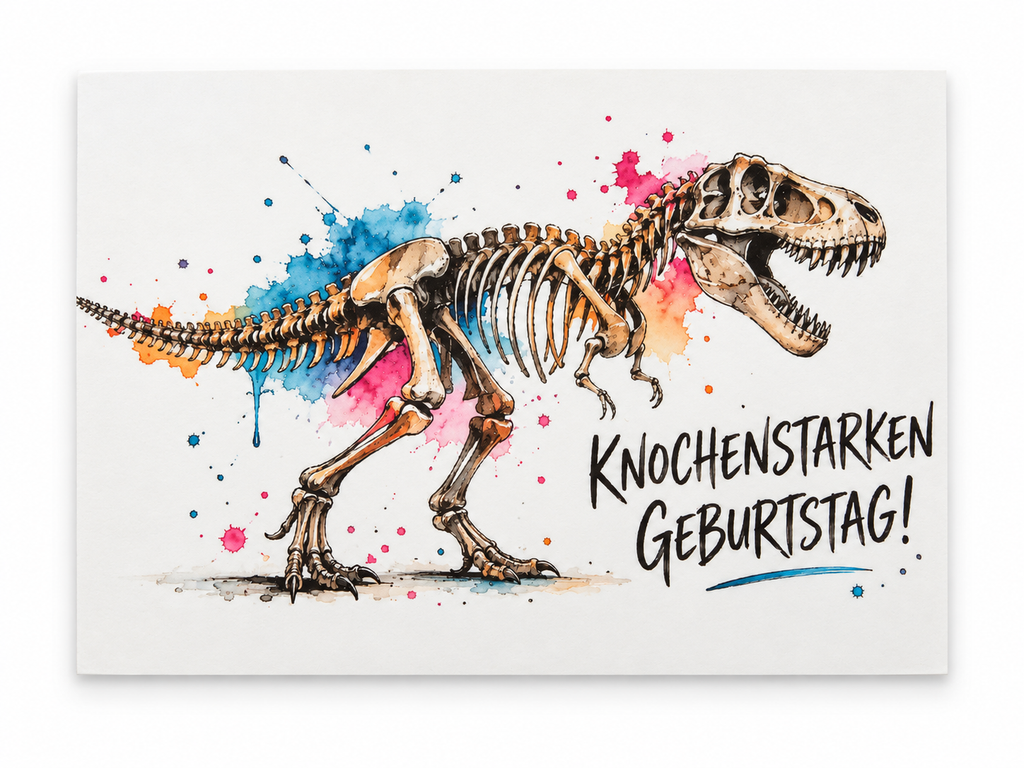 DIN-A6-Geburtstagskarte mit Dinosaurierskelett, bunten Farbspritzern und dem Text Knochenstarken Geburtstag