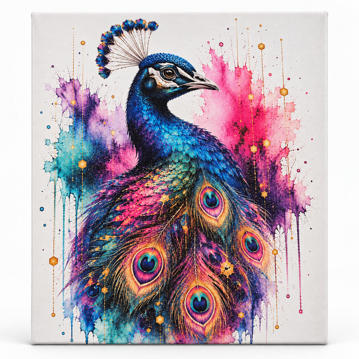 Farbenfrohes Pfau-Leinwandbild mit Aquarell-Spritzern und leuchtenden Federn, 40 × 50 cm