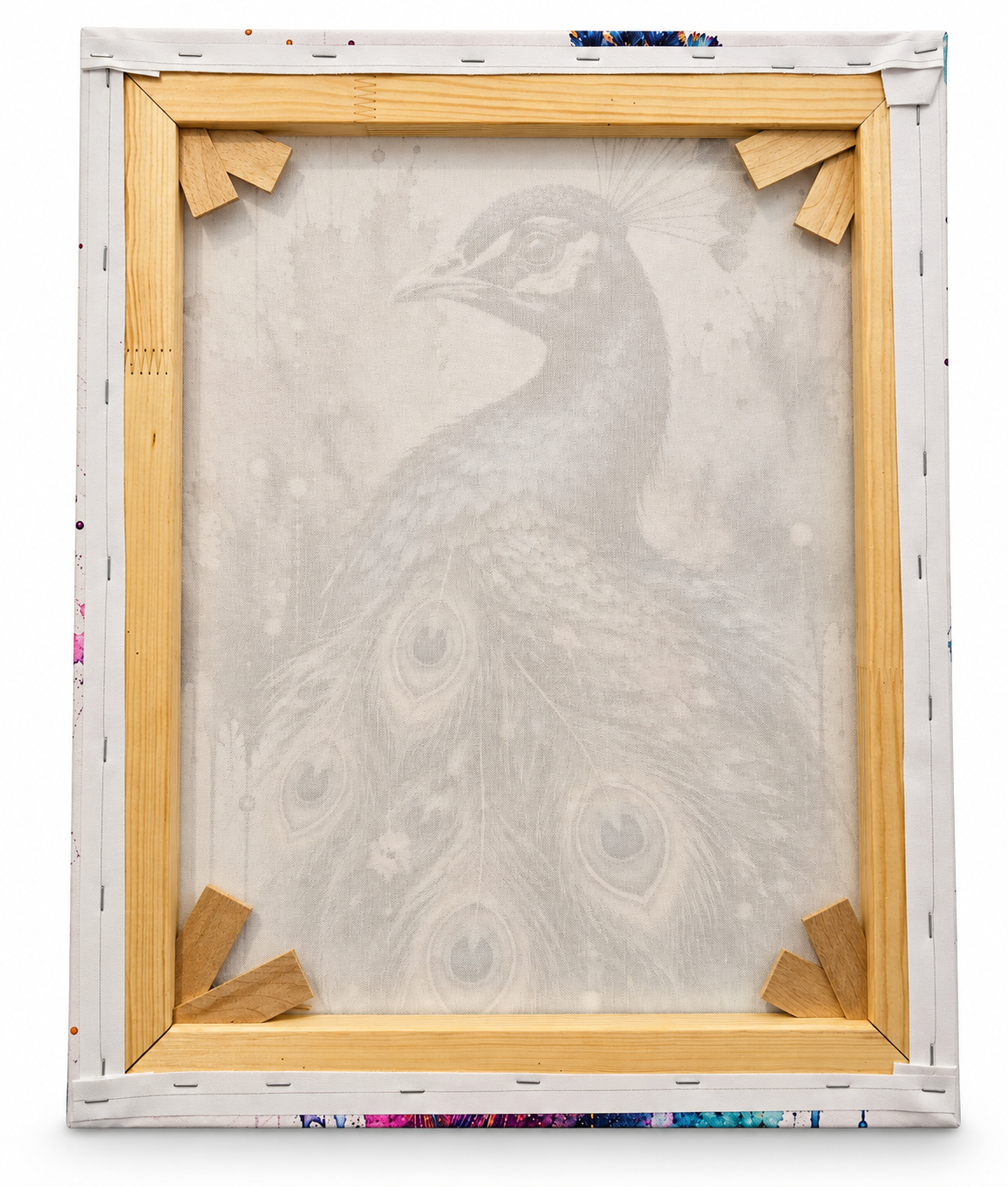 Rückseite des Pfau-Leinwandbilds mit 2 cm Holz-Keilrahmen und aufgespanntem Canvas