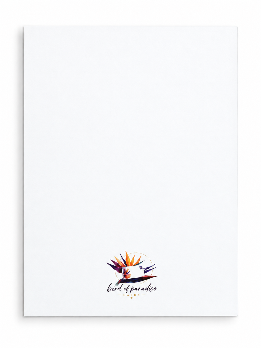 Hochformatige weiße Rückseite einer Postkarte mit Bird of Paradise Cards Logo
