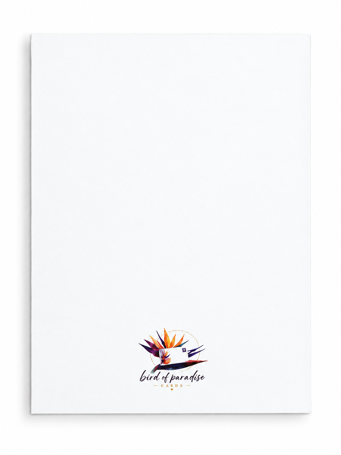 Hochformatige weiße Rückseite einer Postkarte mit Bird of Paradise Cards Logo
