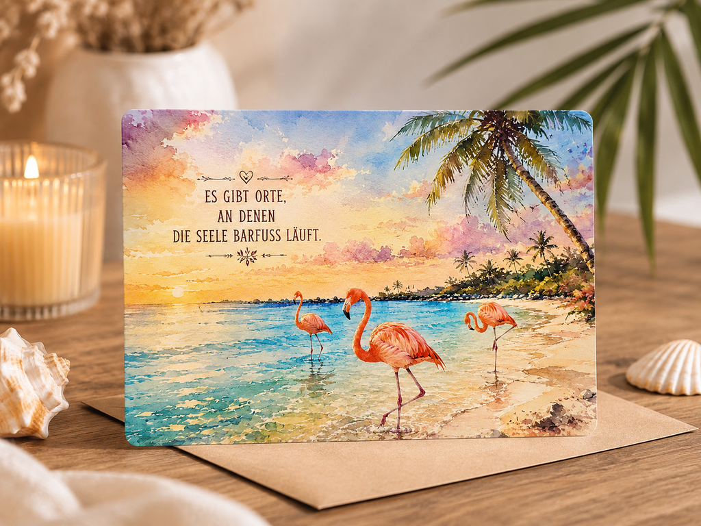 Postkarte Flamingo – Es gibt Orte, an denen die Seele barfuß läuft – Vorderseite mit Flamingos am Karibikstrand im Aquarell-Stil