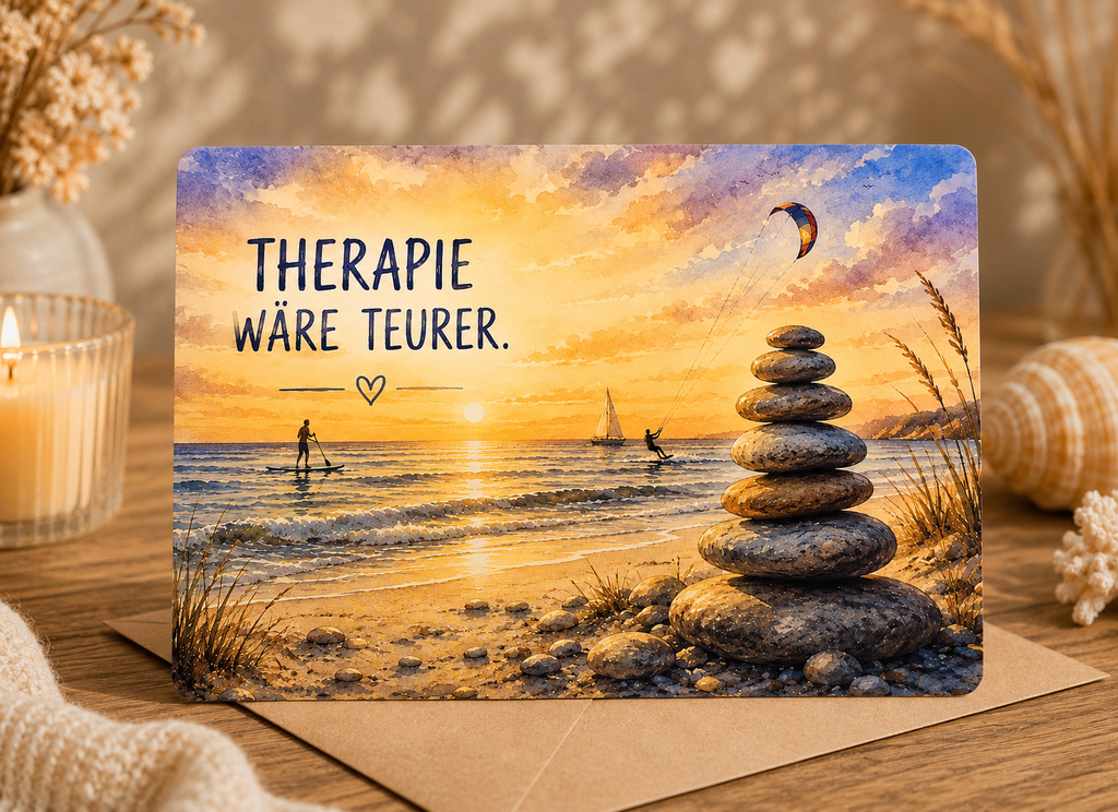 Großformat-Karte A5 – Therapie wäre teurer – Strand bei Sonnenuntergang mit Steinstapel und SUP-Fahrer im Aquarell-Stil