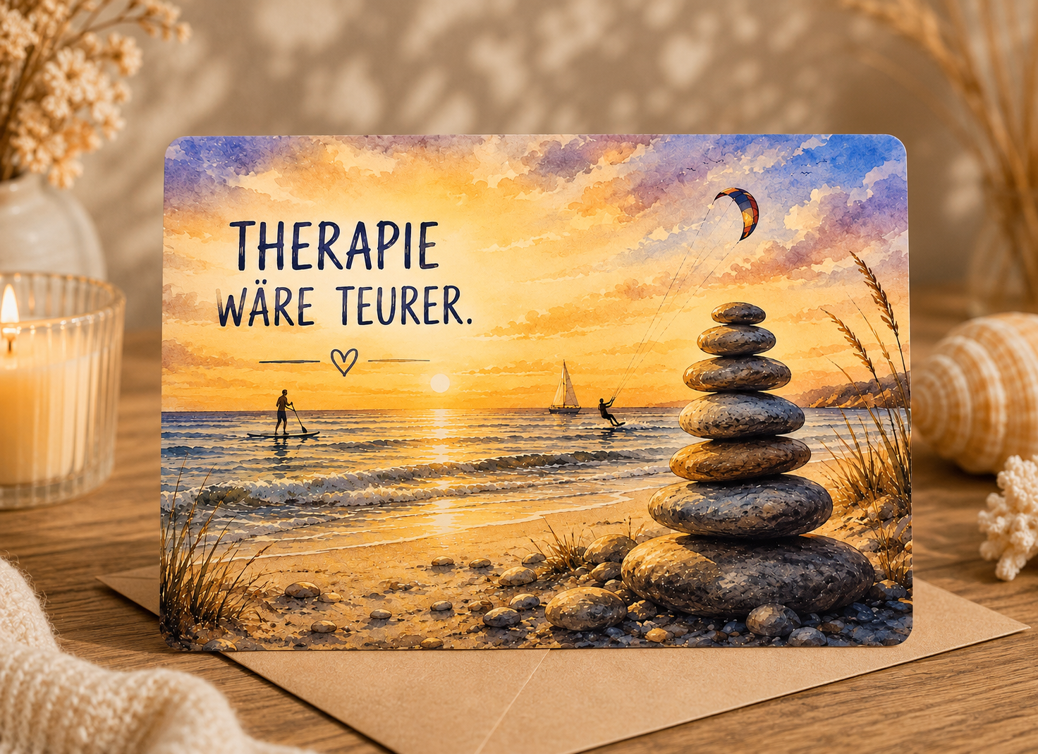 Großformat-Karte A5 – Therapie wäre teurer – Strand bei Sonnenuntergang mit Steinstapel und SUP-Fahrer im Aquarell-Stil