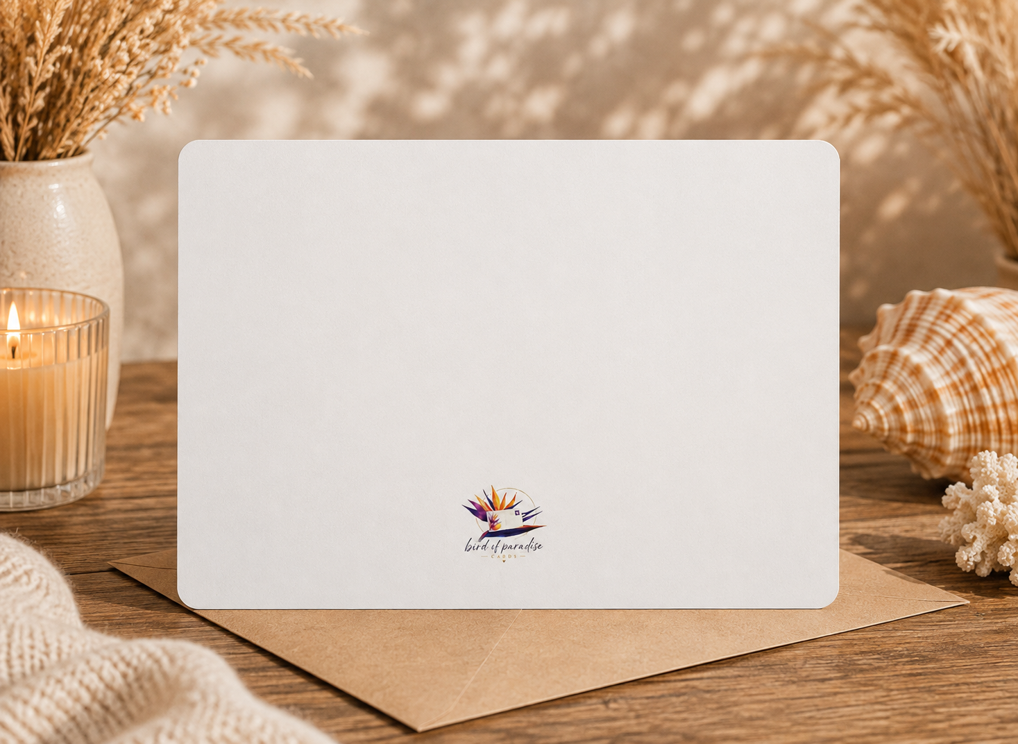 Großformat-Karte A5 – Rückseite mit Bird of Paradise Cards Logo