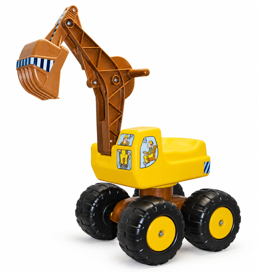 Sitzbagger Bio-Mobby-Dig mit gelbem Sitzaufbau, braunem Baggerarm und schwarzen Rädern, schräg von vorn.
