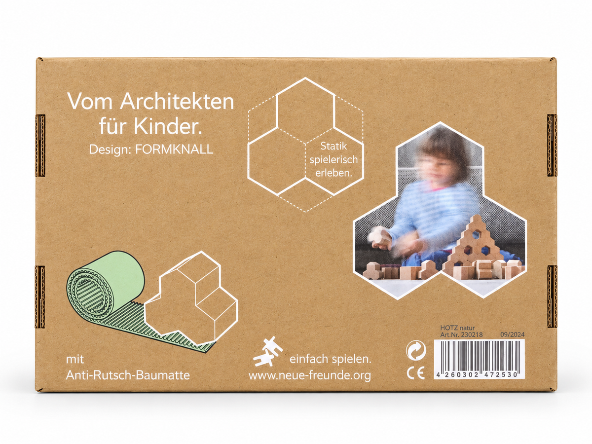Rückseite der HOTZ Architekt Verpackung mit spielendem Kind, Bauideen und Abbildung der Anti-Rutsch-Baumatte