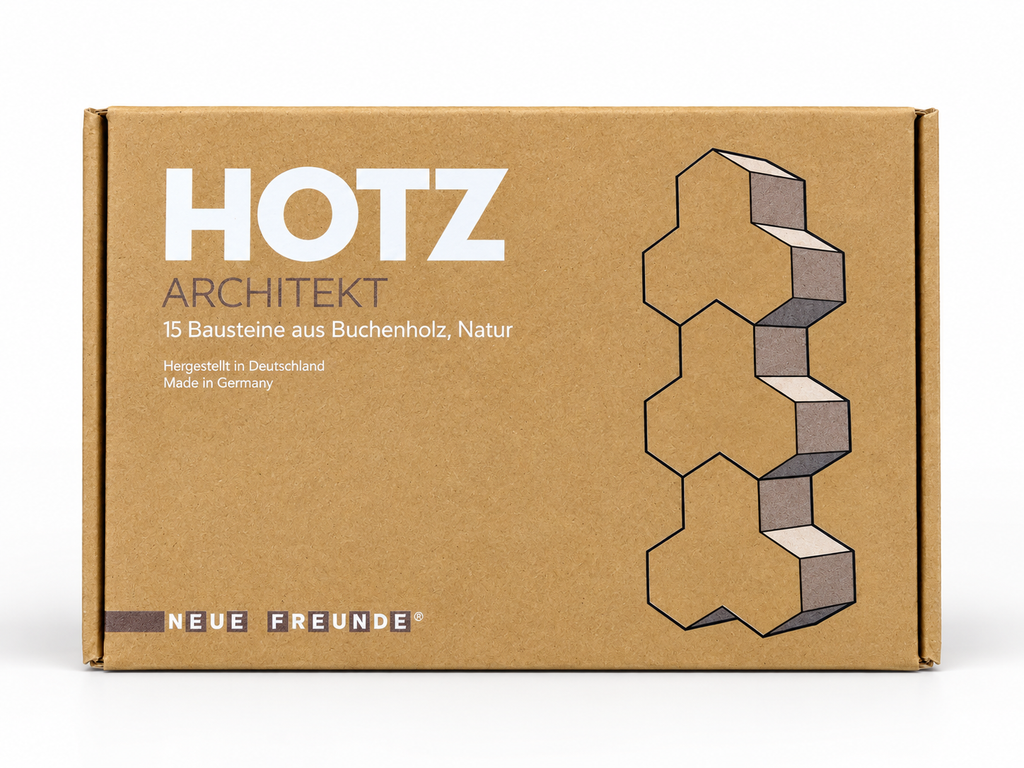 Vorderseite der HOTZ Architekt Verpackung von NEUE FREUNDE mit Illustration gestapelter Holzbausteine in Wabenform