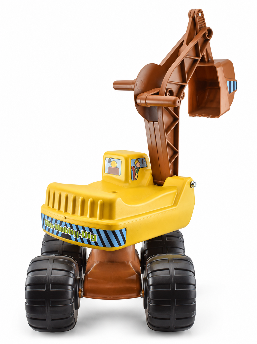Sitzbagger Bio-Mobby-Dig von hinten mit gelbem Aufbau, brauner Schaufel und großen schwarzen Rädern.
