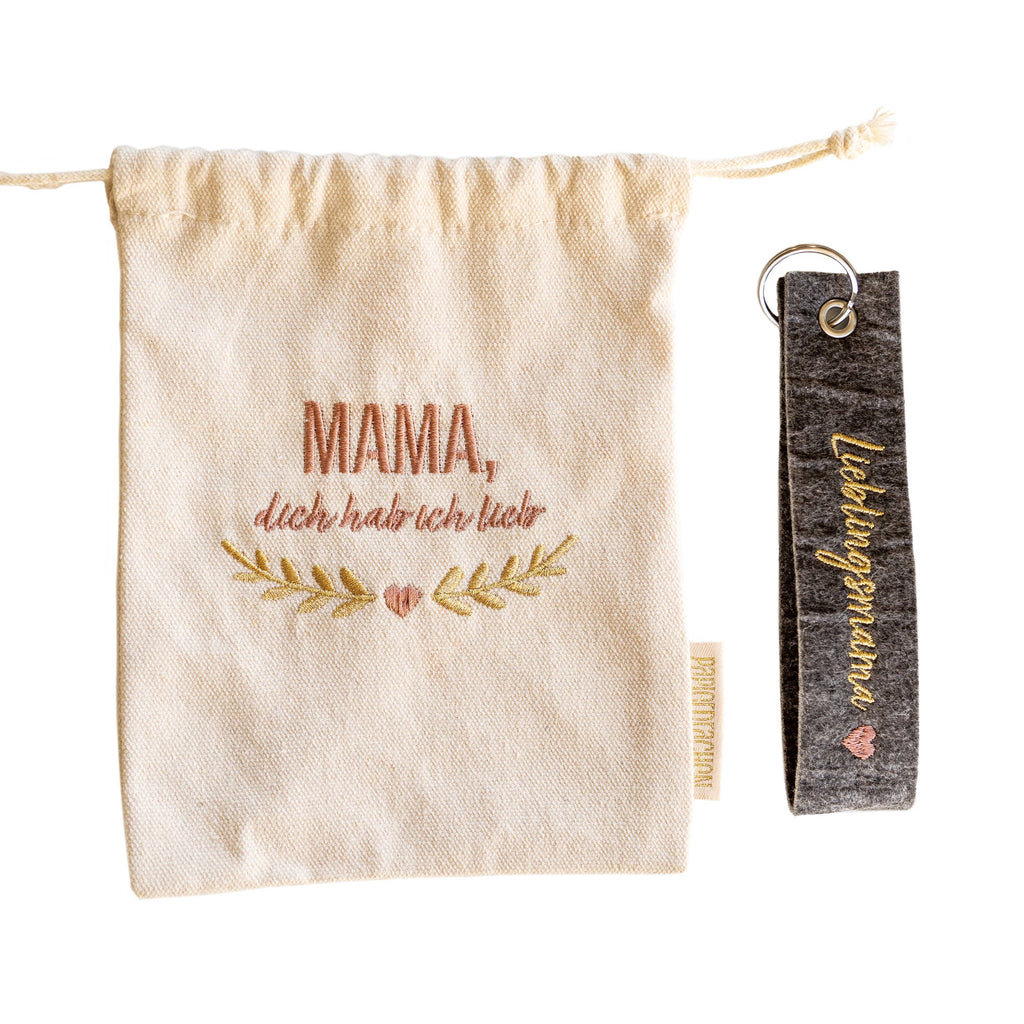 Filzschlüsselanhänger & Säckchen bestickt „Lieblingsmama“ – Muttertagsgeschenk Set