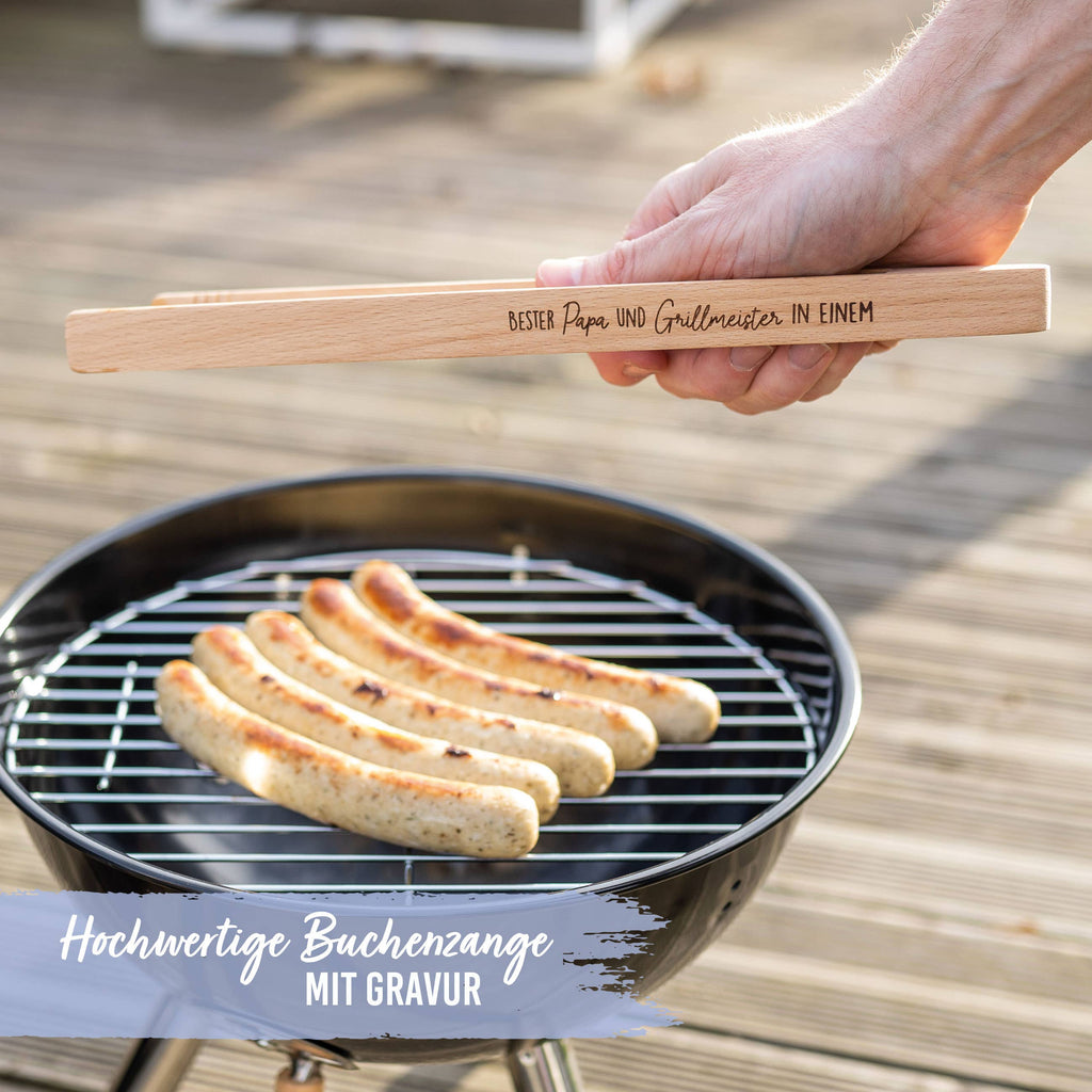Grillzange aus Holz - Buche - mit Gravur Papa Set 01