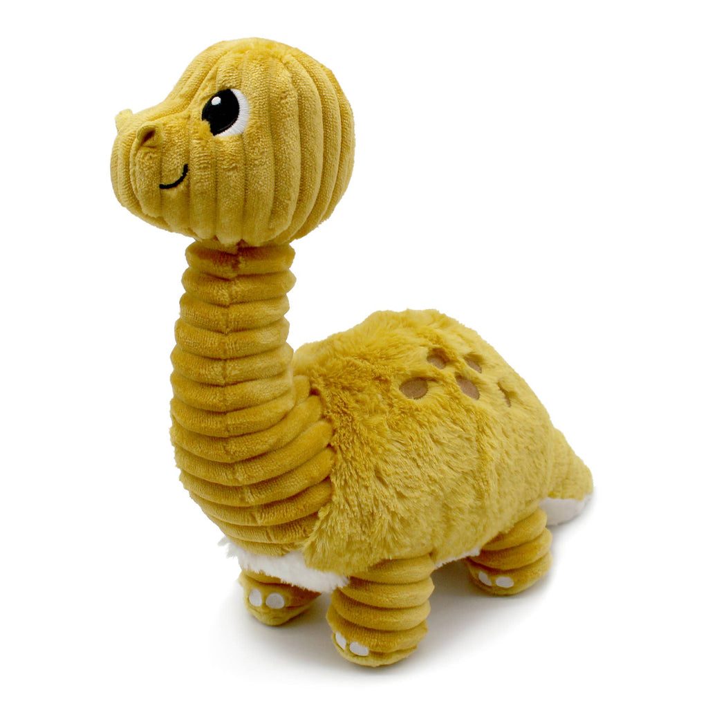 LES PTIPOTOS Diplodocus aus gelbem Plüsch mit braunen Rückenflecken in schräger Vorderansicht
