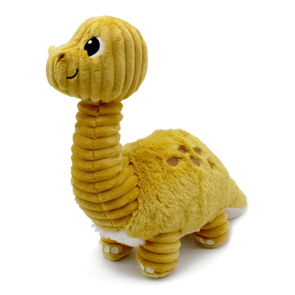 LES PTIPOTOS Diplodocus aus gelbem Plüsch mit braunen Rückenflecken in schräger Vorderansicht
