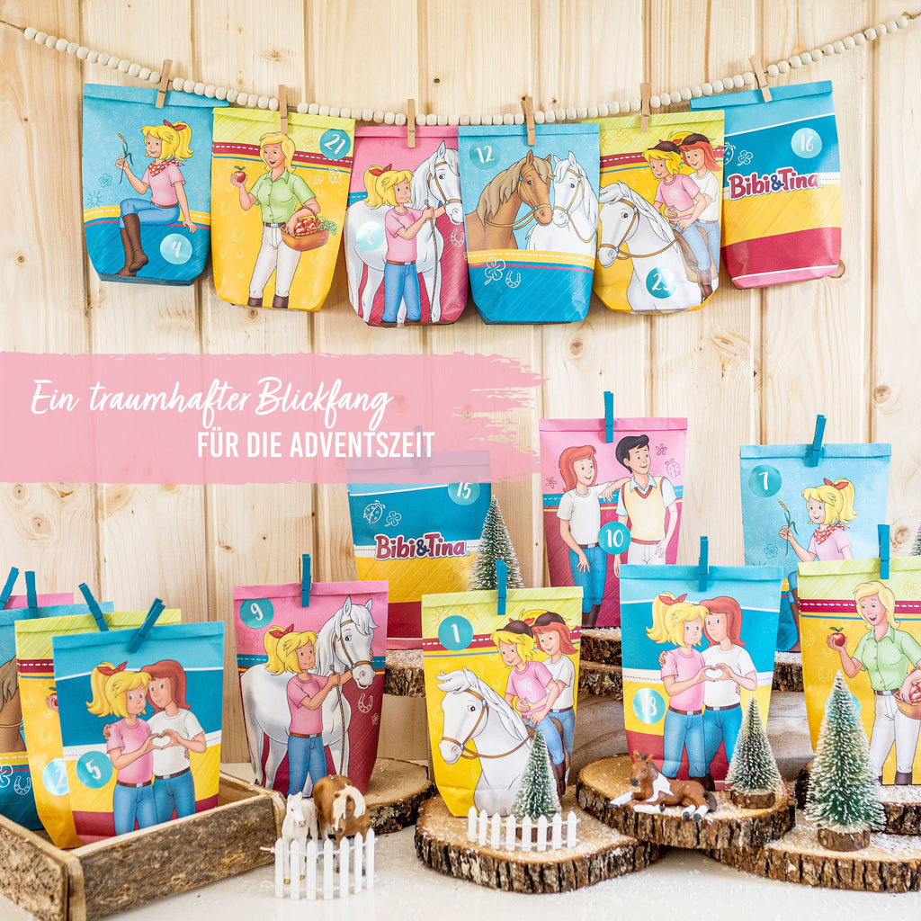 Adventskalender DIY-Set „Bibi & Tina“ – 24 bedruckte Kraftüten mit Zahlenaufkleber