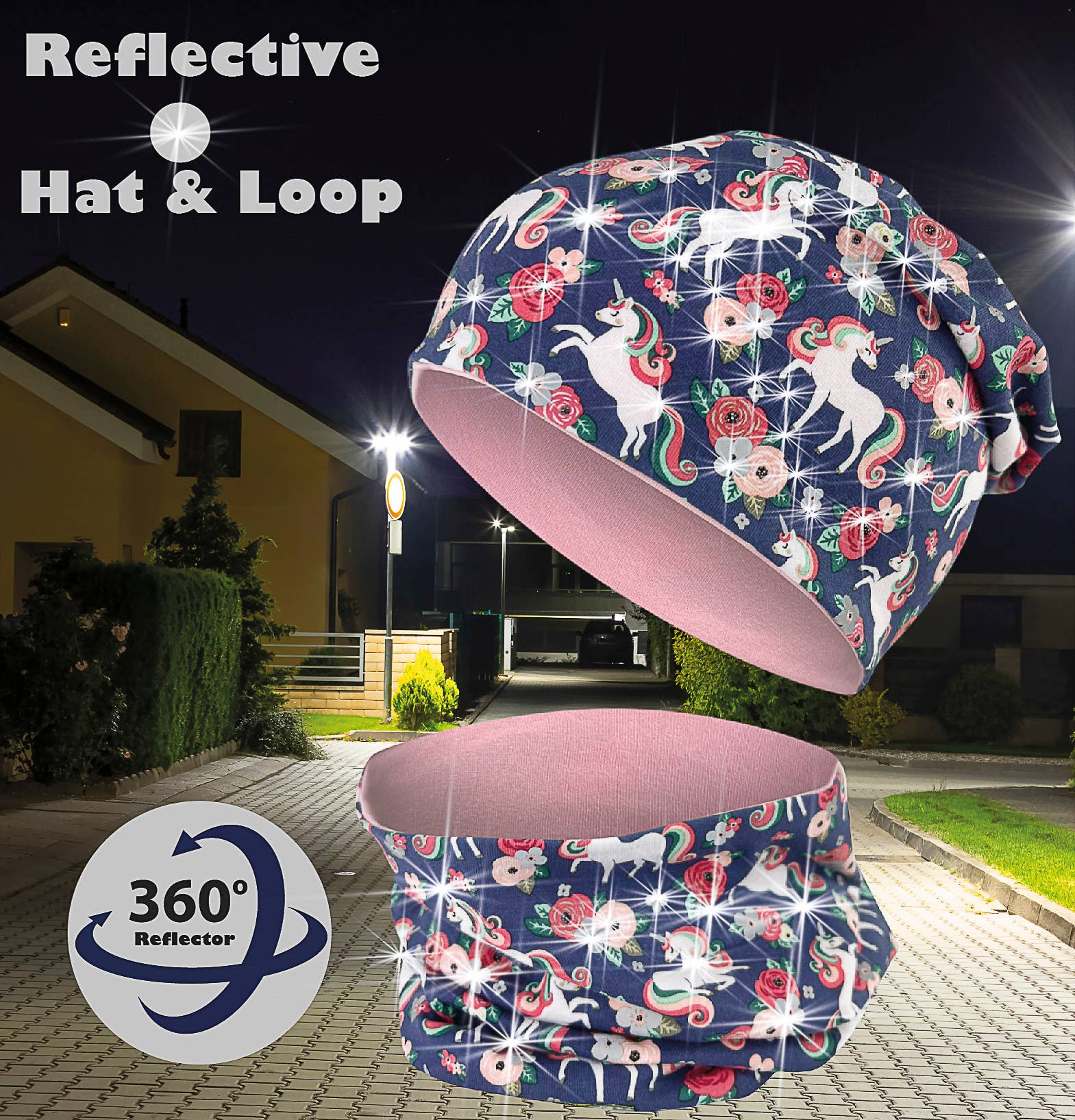 360° Reflektor Beanie & Loop – Einhorn - Jersey innen