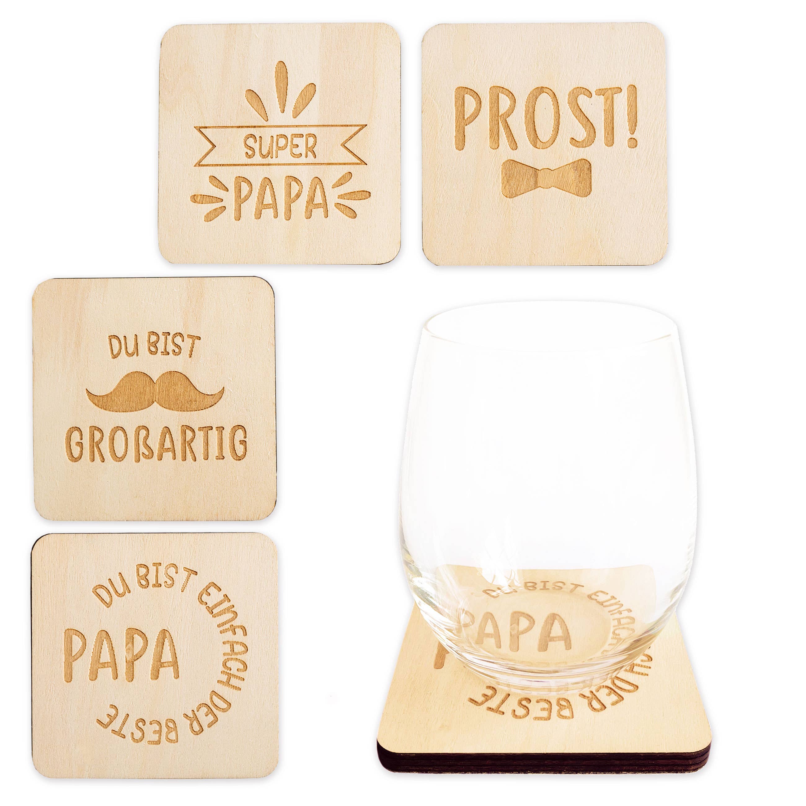 4 Glasuntersetzer aus Holz - Pappelholz - mit Gravur Papa