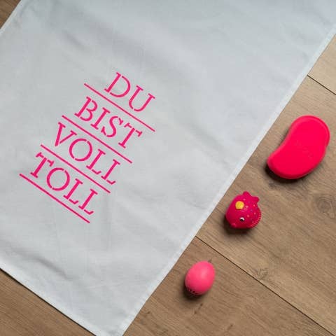 Geschirrtuch weiss, DU BIST VOLL TOLL, neon pink