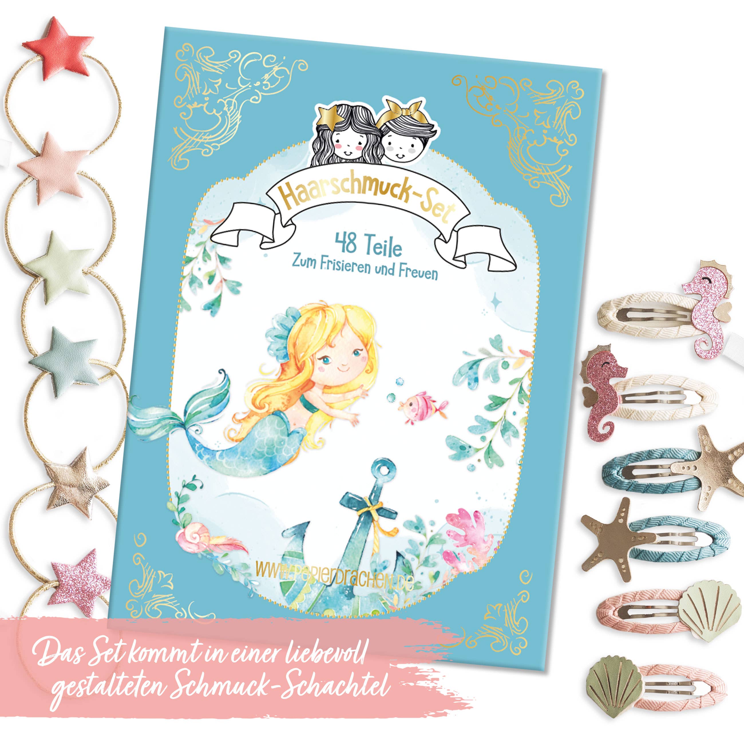 48 Haarspangen & Haargummis Meerjungfrau – Haar-Accessoires Set für Mädchen