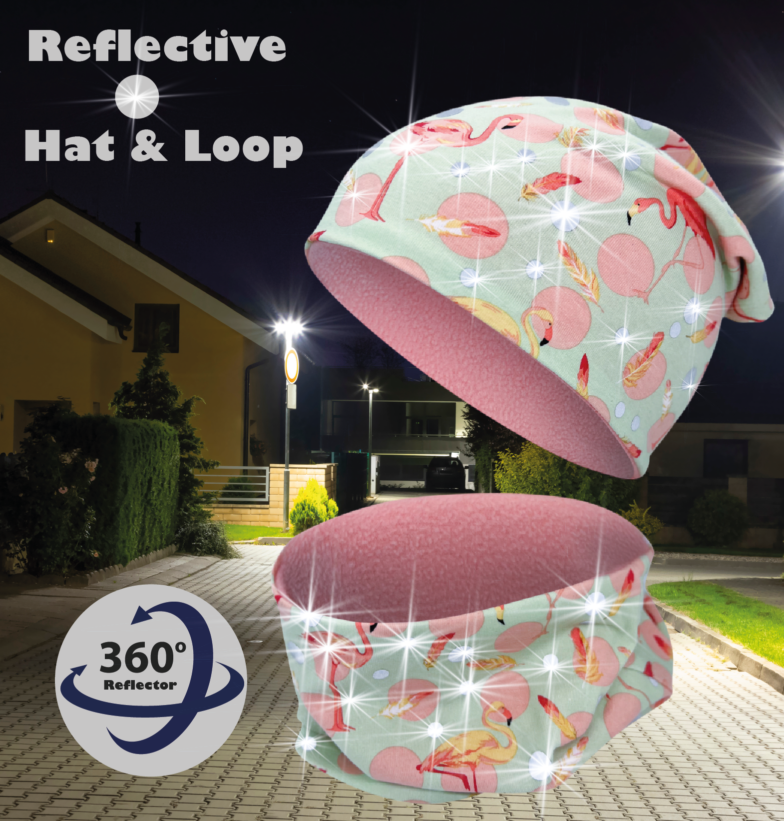 360° Reflektor Beanie & Loop - Flamingo  - Vlies innen