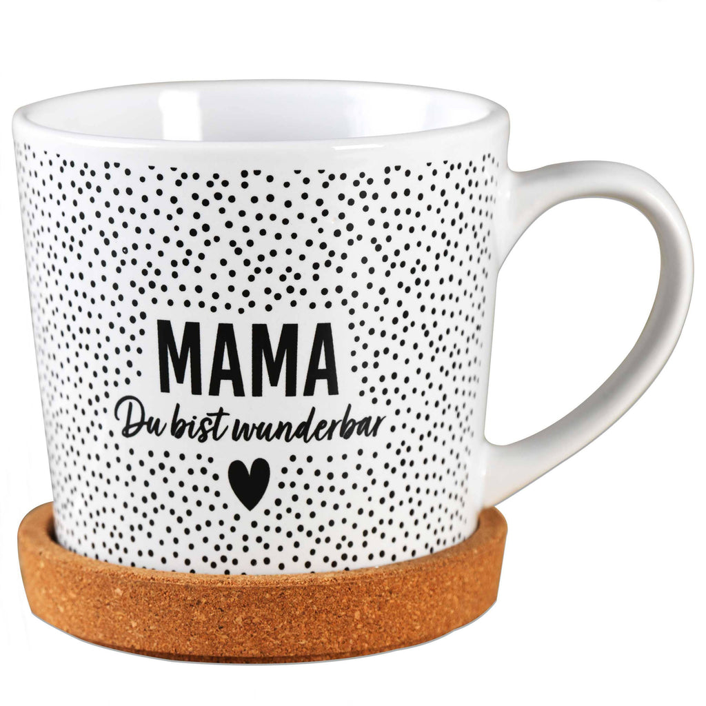 Tasse „Mama du bist wunderbar“ – Keramiktasse mit Motiv & Korkuntersetzer