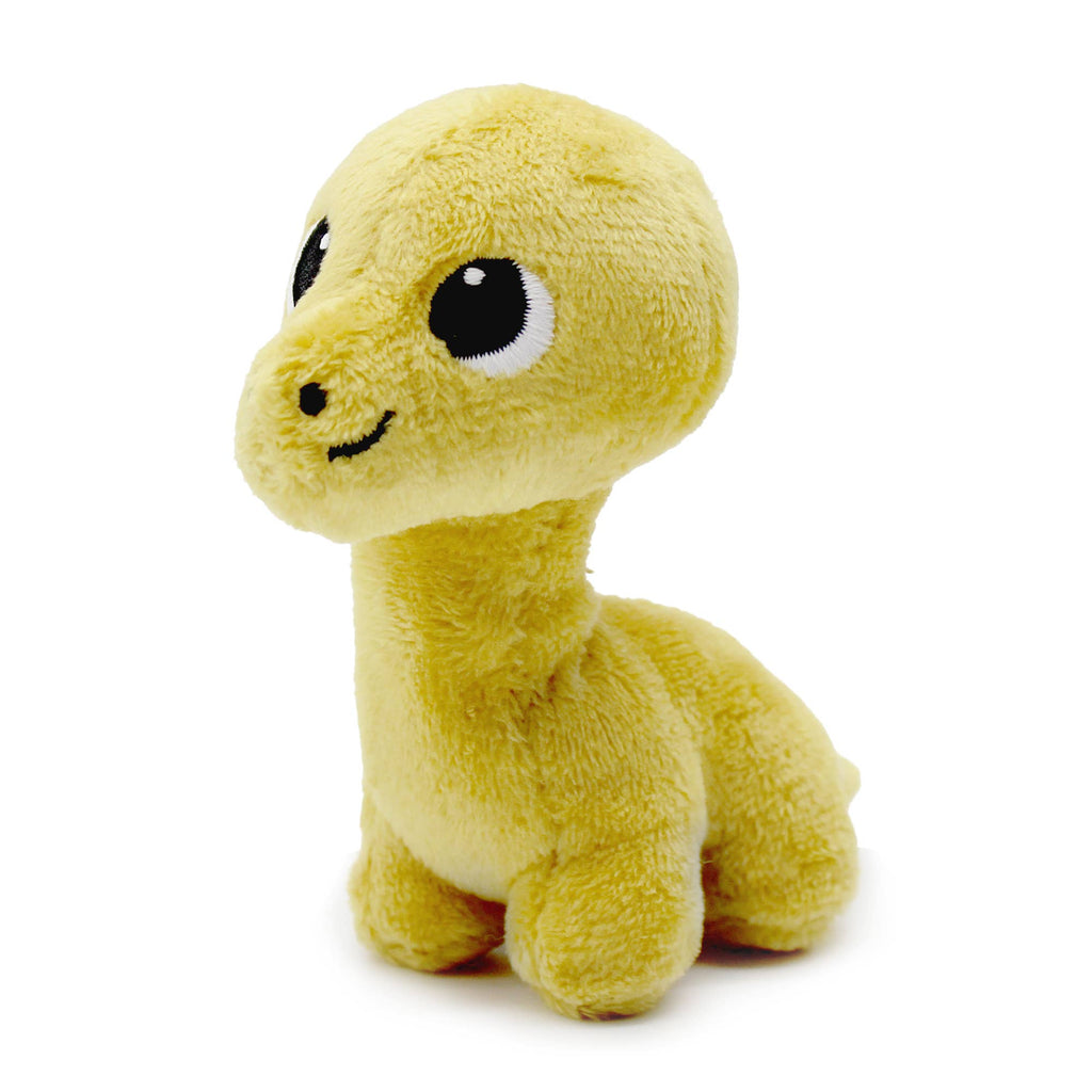 Kleines gelbes Baby-Diplodocus aus Plüsch mit langem Hals und freundlich gesticktem Gesicht
