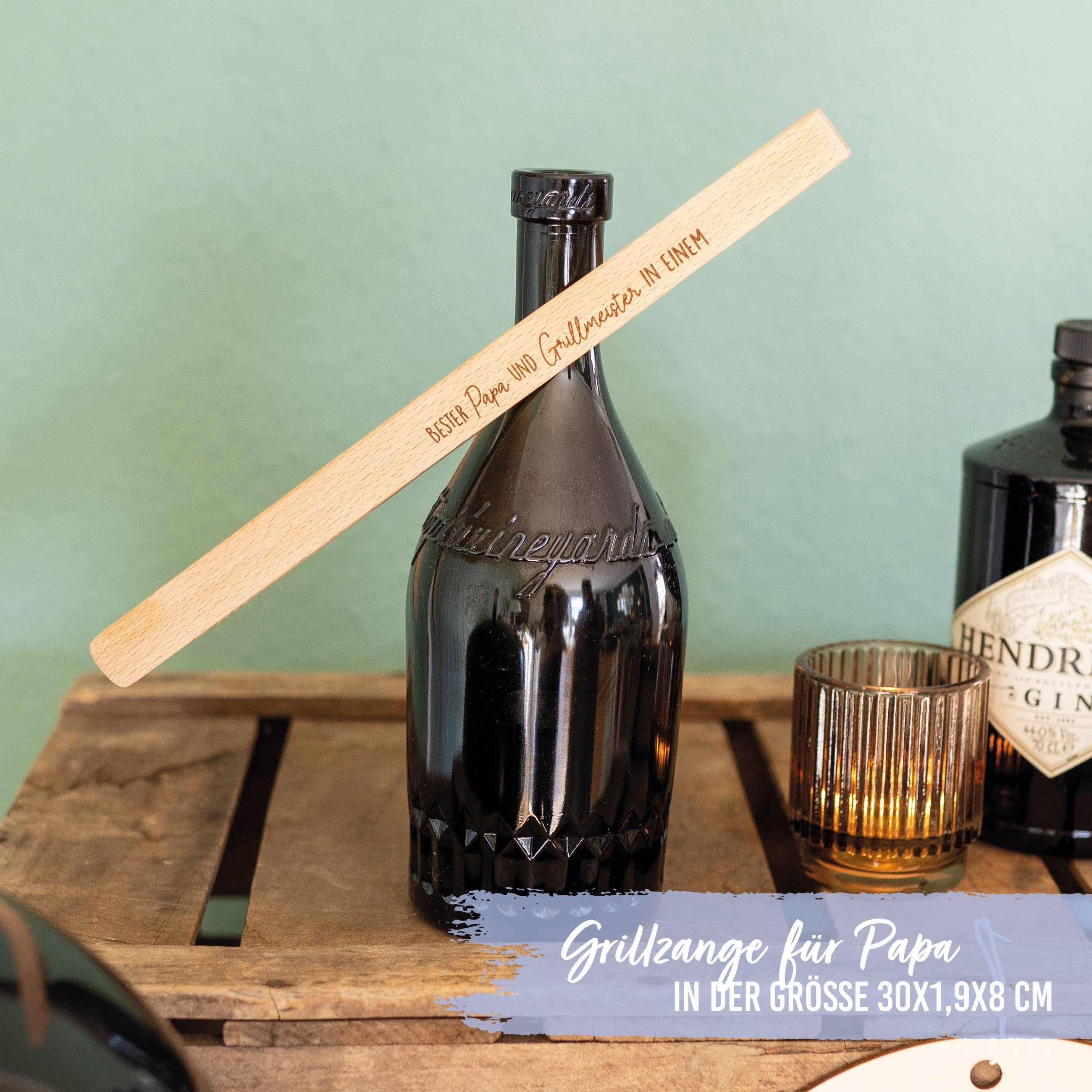 Grillzange aus Holz - Buche - mit Gravur Papa Set 01
