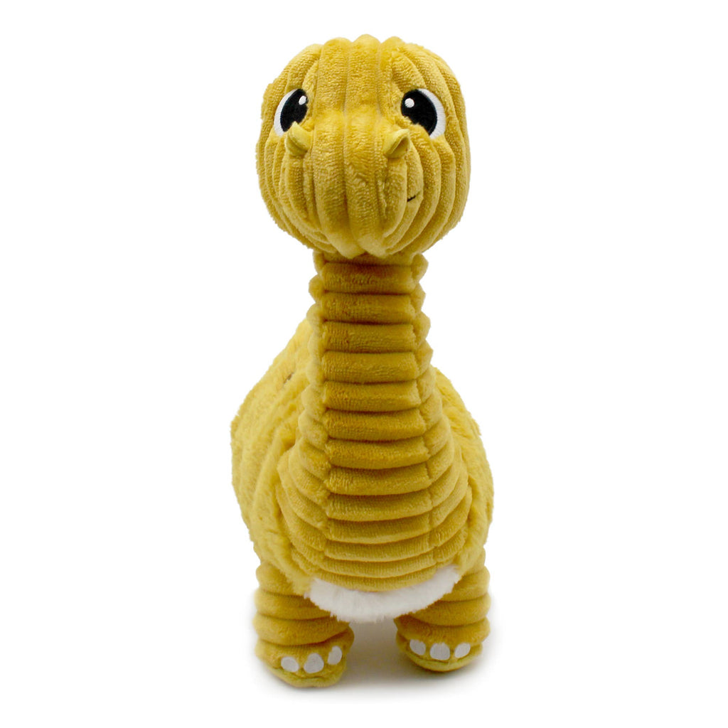 Gelbes Diplodocus-Kuscheltier von LES PTIPOTOS in der Vorderansicht mit langem Hals und hellem Bauch
