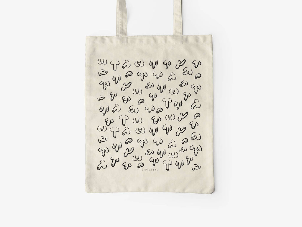 Naturfarbene Baumwolltasche DICKe Freunde von typealive mit schwarzem Penis-Lineart-Muster, Vorderansicht.
