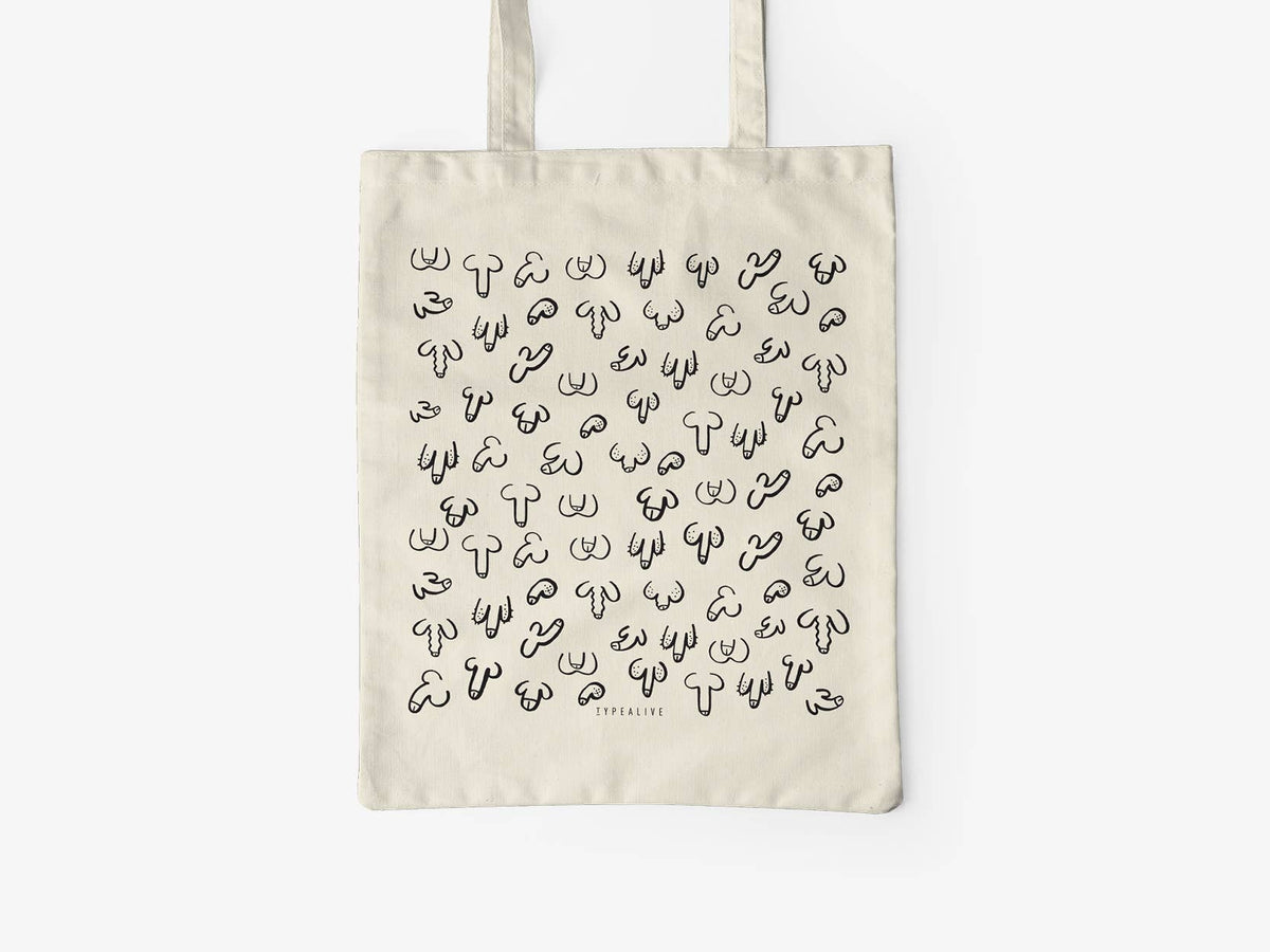 Naturfarbene Baumwolltasche DICKe Freunde von typealive mit schwarzem Penis-Lineart-Muster, Vorderansicht.
