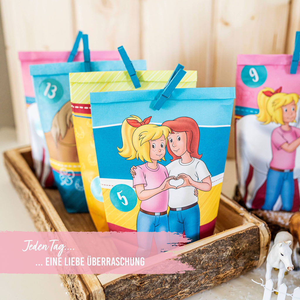 Adventskalender DIY-Set „Bibi & Tina“ – 24 bedruckte Kraftüten mit Zahlenaufkleber