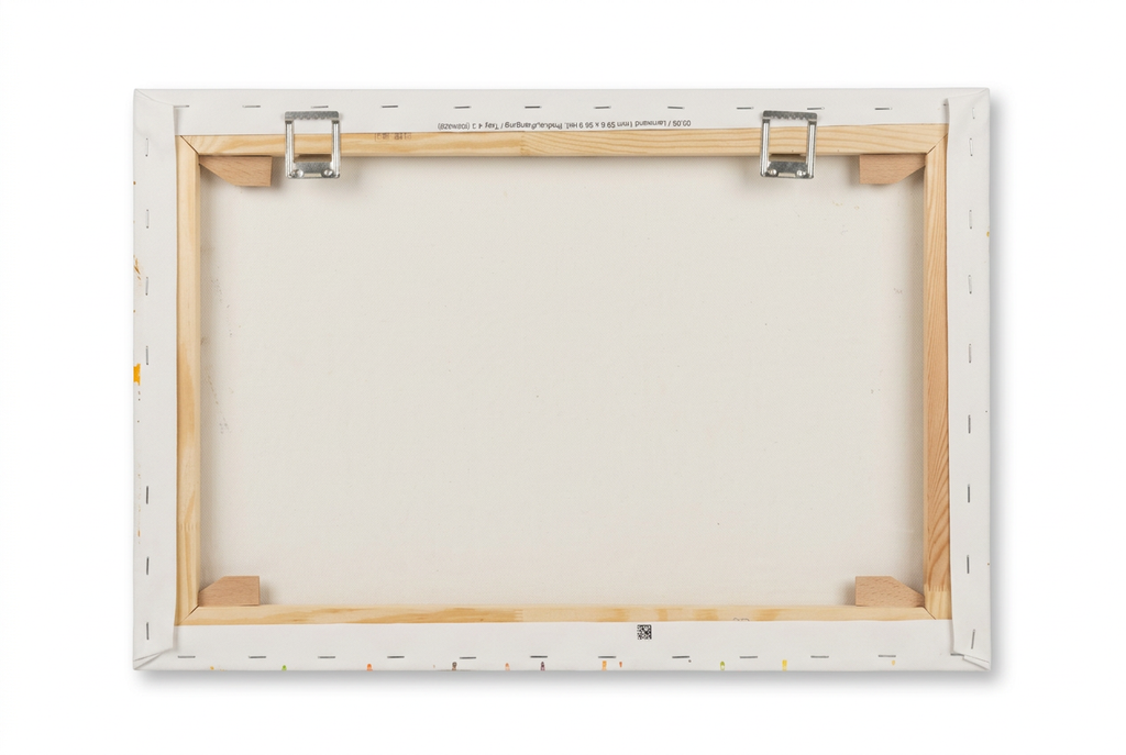 Rückseite der Brezel-Leinwand im Querformat mit Holz-Keilrahmen, geklammerten Leinwandrändern und zwei Metallaufhängungen
