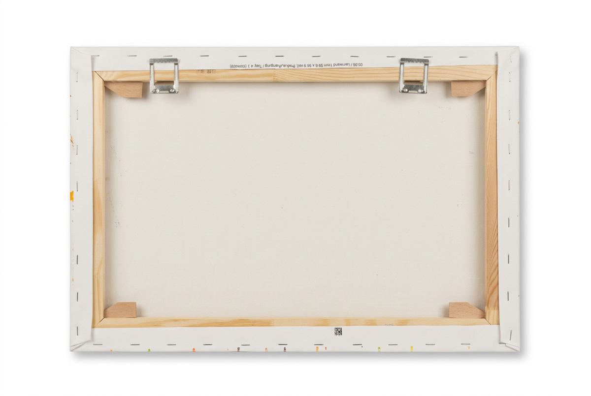 Rückseite der Brezel-Leinwand im Querformat mit Holz-Keilrahmen, geklammerten Leinwandrändern und zwei Metallaufhängungen
