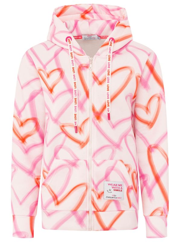 Hoodie-Jacke Big Hearts Zwillingsherz – Frontansicht Produktfoto, Kapuze & Reißverschluss