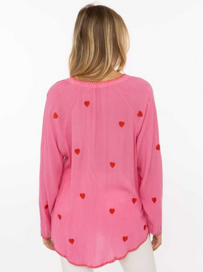 Bluse „Gestickte Herzen“ – Rosa Viskosebluse mit Herz-Stickerei von Zwillingsherz