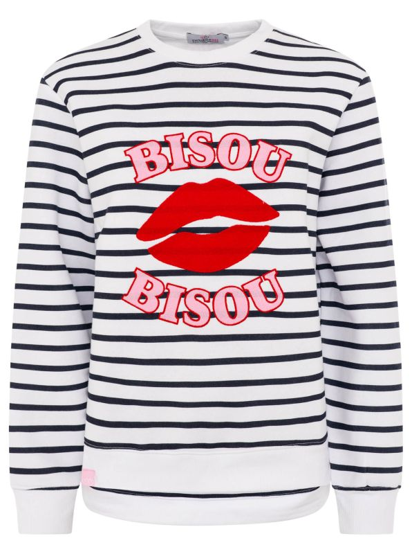 Sweatshirt Bisou Zwillingsherz – Frontansicht, Weiß-Navy Streifen mit Bisou-Print & rotem Lippen-Patch