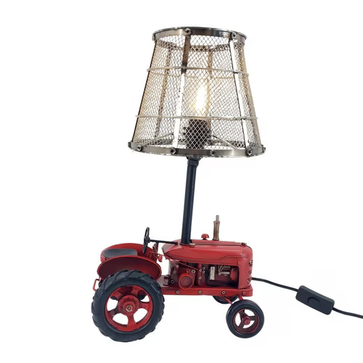 Rote Vintage Tischlampe Traktor mit antik-silbernem Metallschirm, Ansicht von vorne